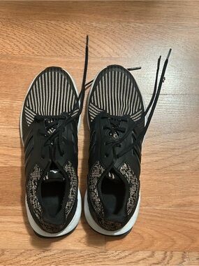 Women's Black Knit Lace-Up Athletic Sneakers; Adidas RapidaRun knit sneakers